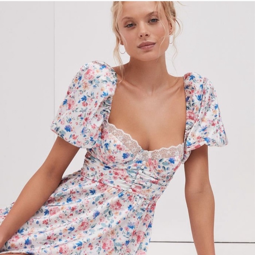 For Love And Lemons Pink and Blue Ruched Puff Sleeve Mini Dress